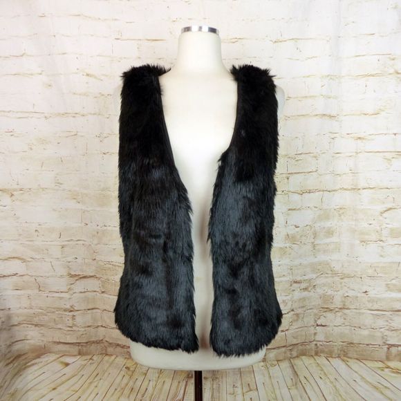 Papaya Faux Fur Vest Juniors L Black Front Hooks V-Neck Boho Rock Chic Mod Punk - Picture 8 of 12